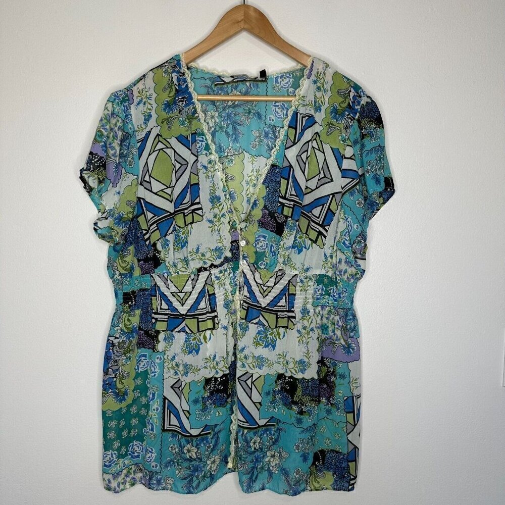 Cottagecore Smocked Top Patchwork Print Sheer Lace 3X